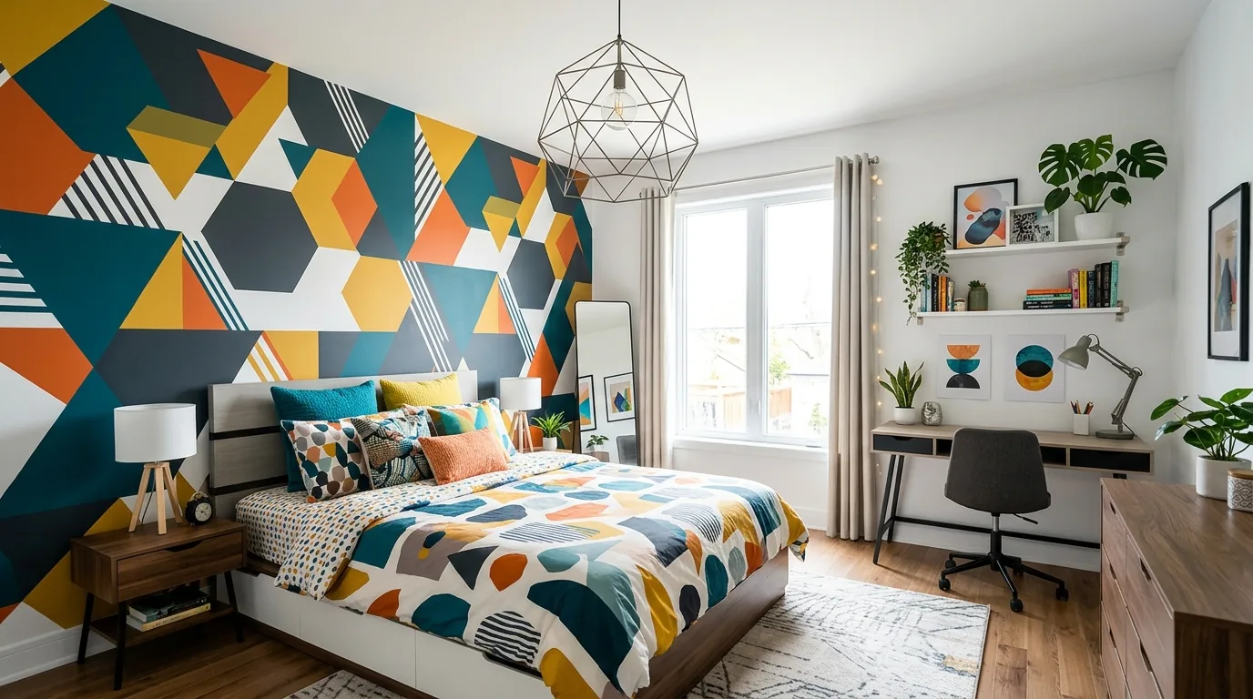 Soft minimalist teen room with clay-toned bedding and floating shelves