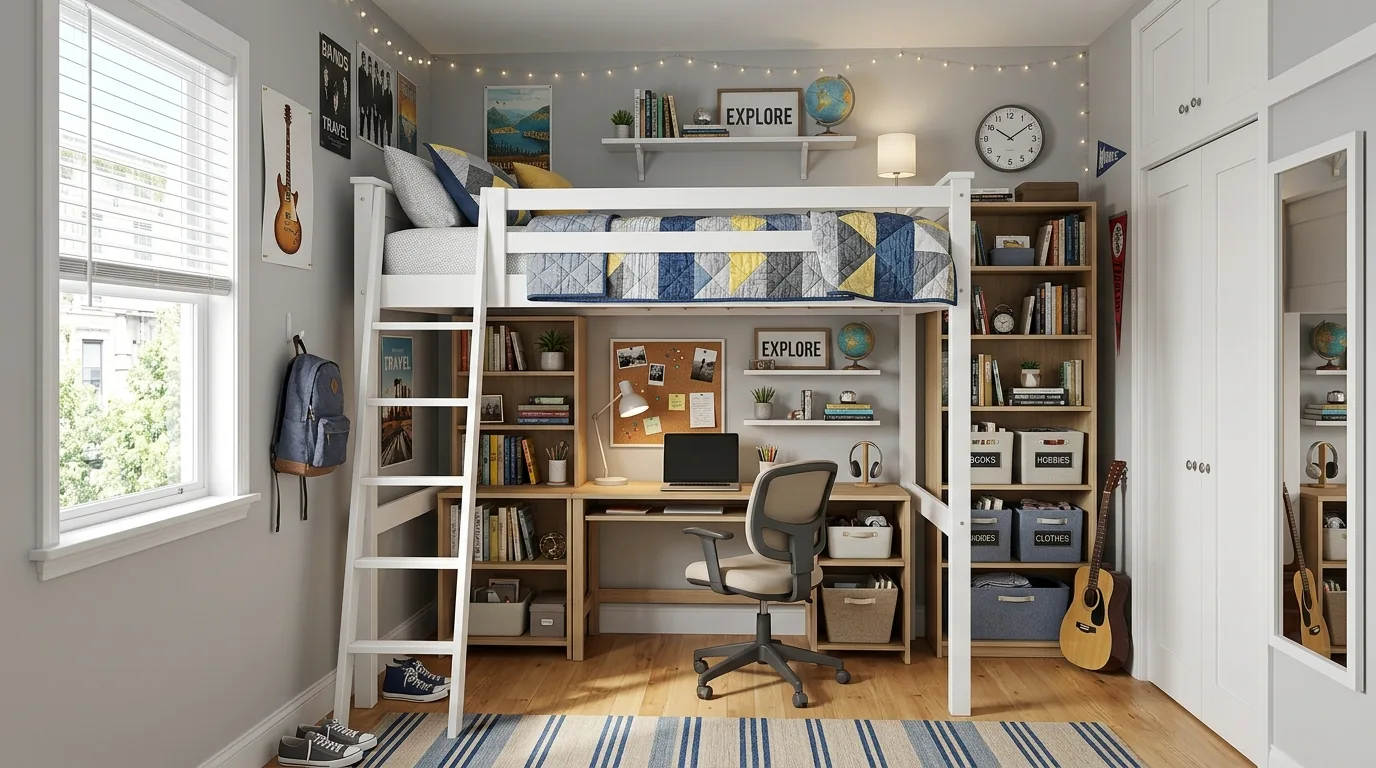 Shared teen bedroom with defined zones and matched storage units
