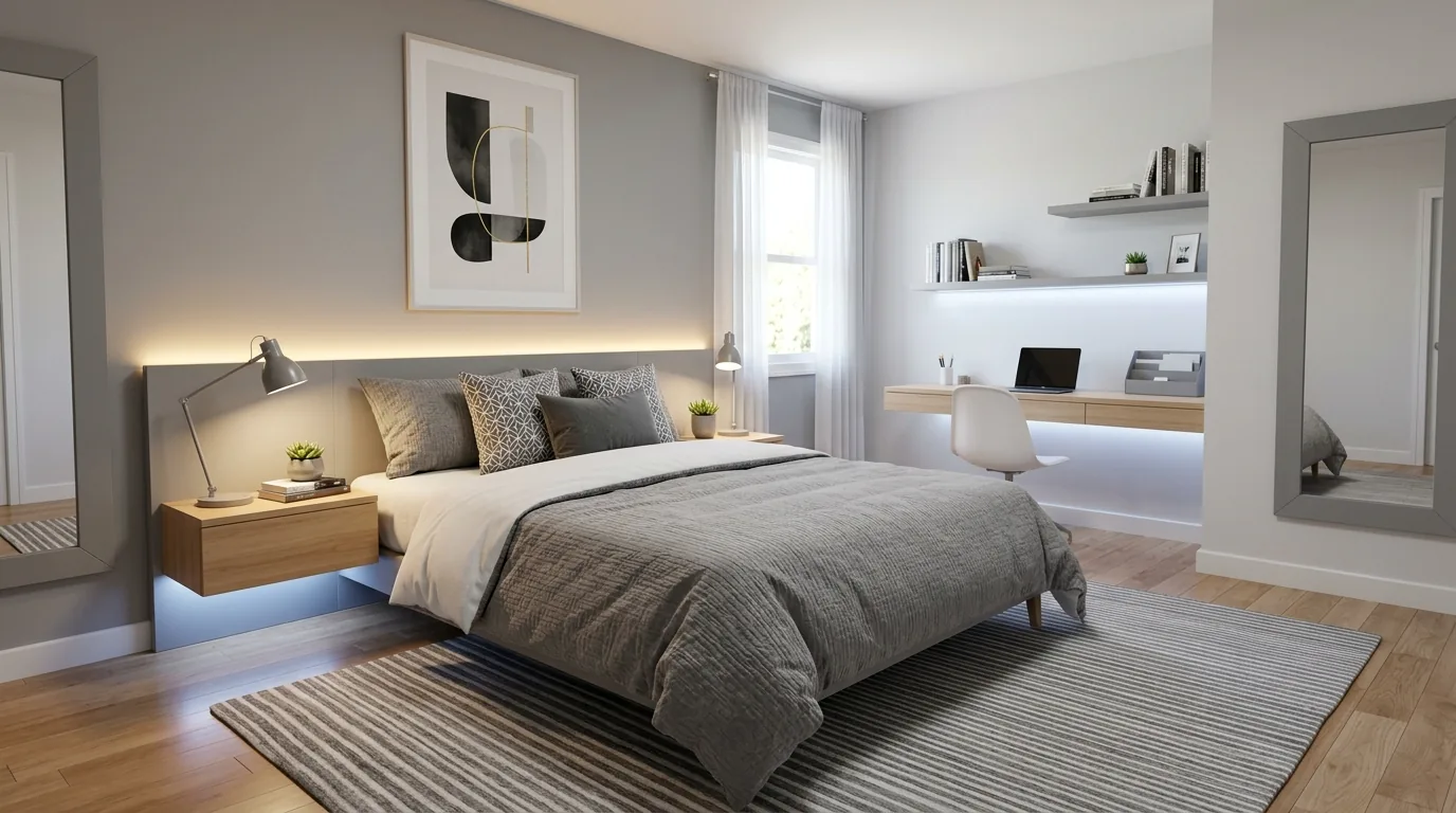 Gaming teen bedroom with dark accent wall and integrated desk