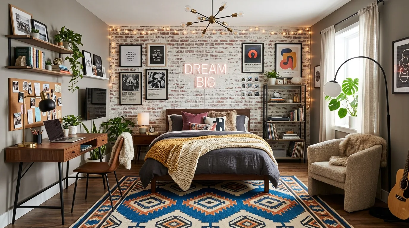 Cinematic teen bedroom with bold focal wall