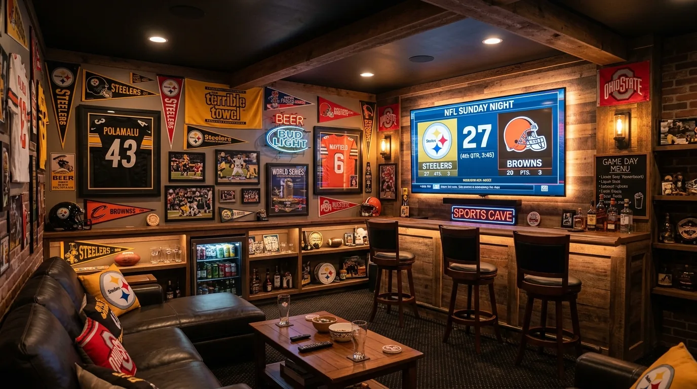 Sports-themed basement with bar stools and framed memorabilia wall