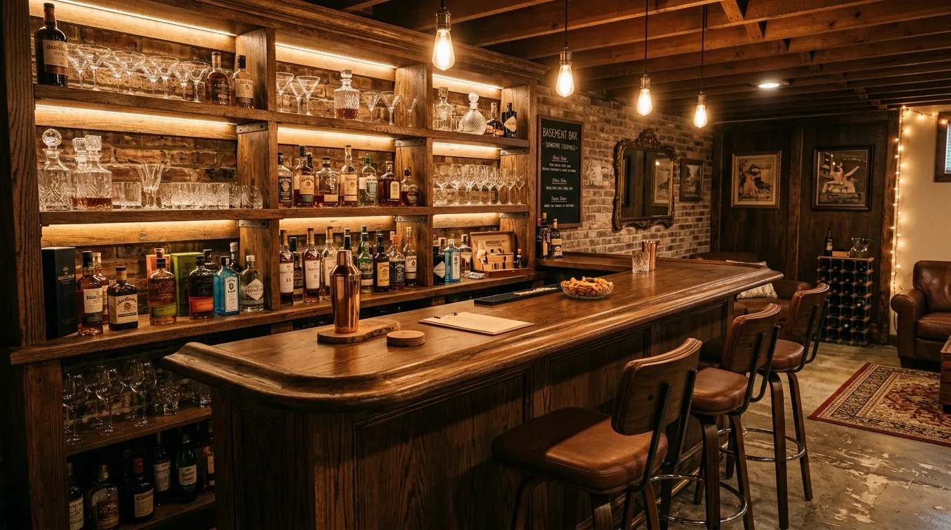 Basement bar with wood cabinetry and mini fridge