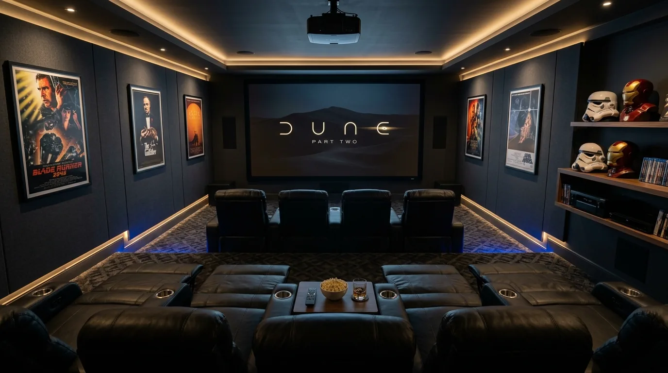 Modern man cave with acoustic wall panels and media console