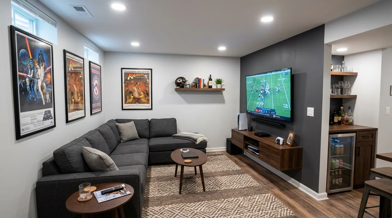 Small basement cave with recliner and mounted TV