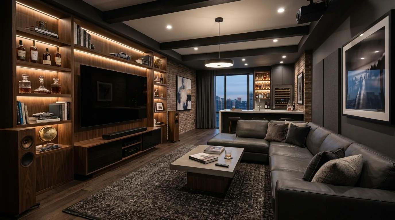 Rustic basement with brick wall and warm wood shelving