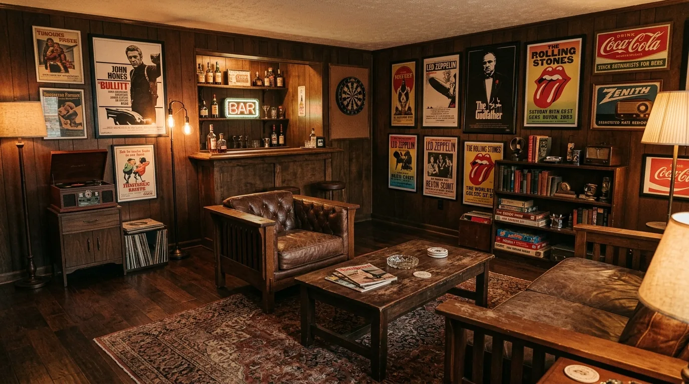 Home theater cave with blackout tone and layered sconces