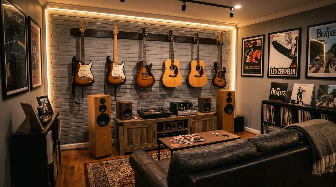 Gaming hideaway with illuminated display shelves and sound-reactive lighting