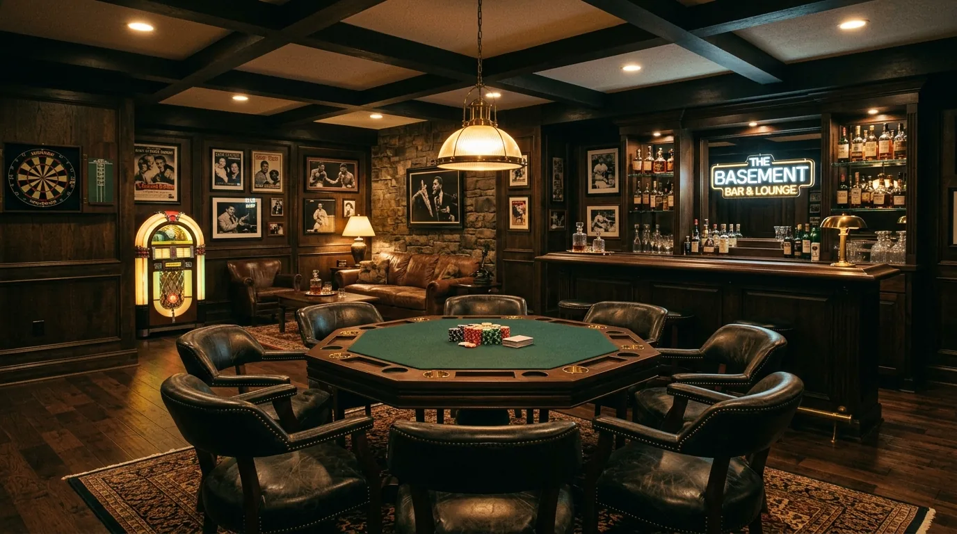 Luxury cave with cigar lounge feel and stone bar backdrop