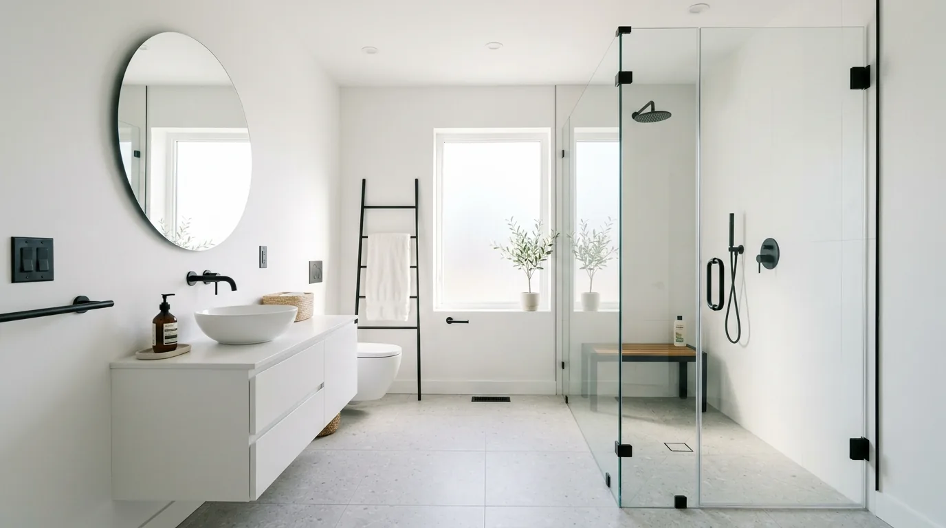 Walk-in shower with frameless glass and large-format pale tile
