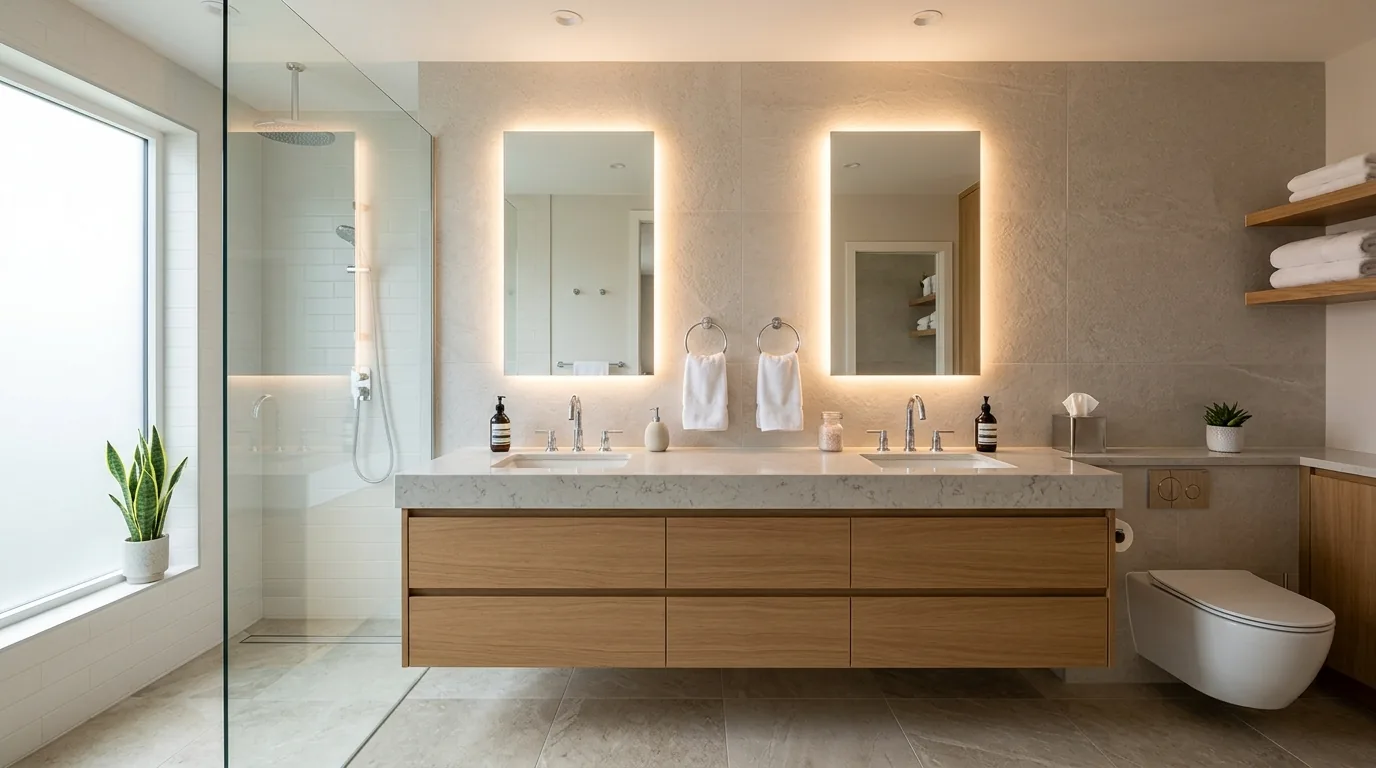 Double vanity with slim mirrors and soft vertical sconces