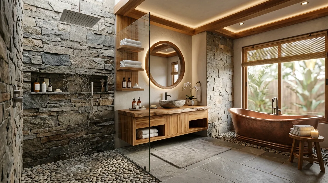 Minimal bathroom with wall-mounted faucet and seamless backsplash