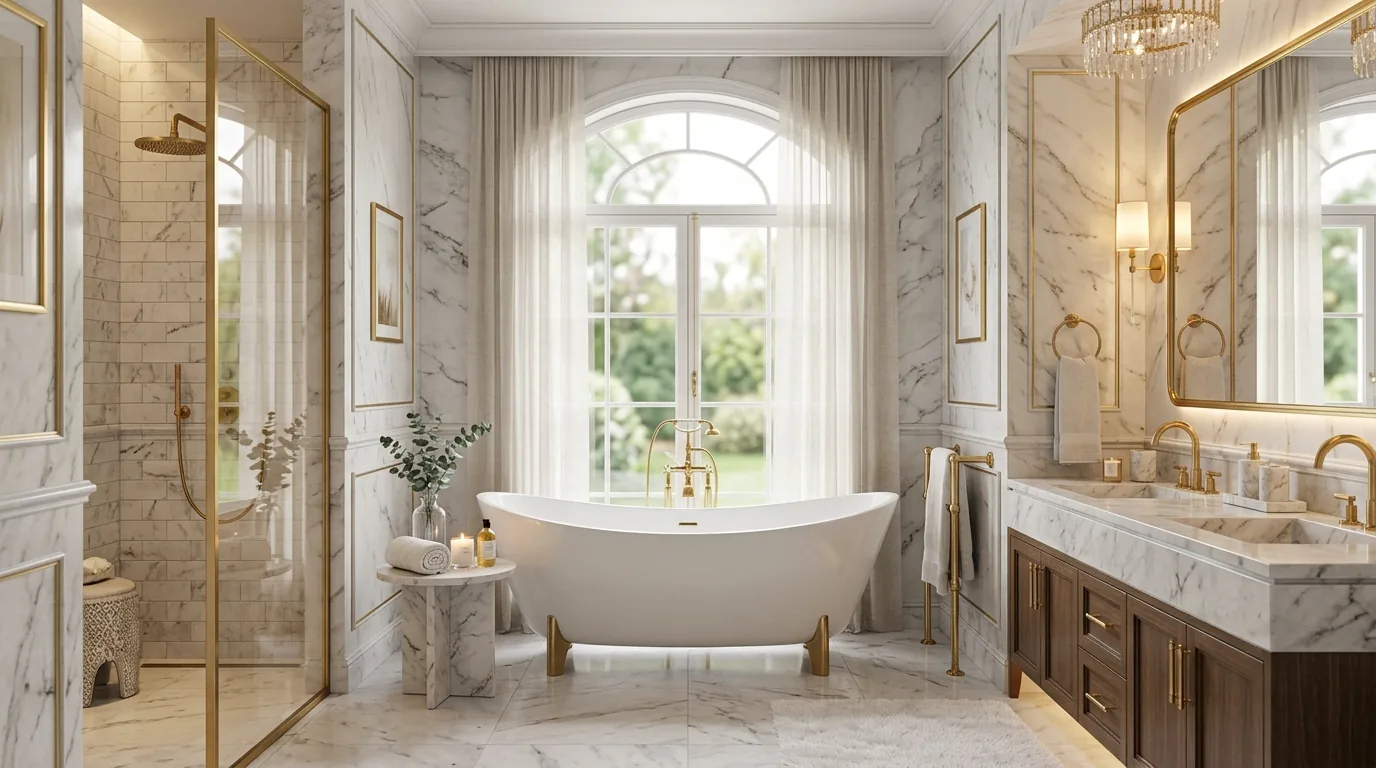 Modern bath with matte black fixtures and pale oak cabinetry