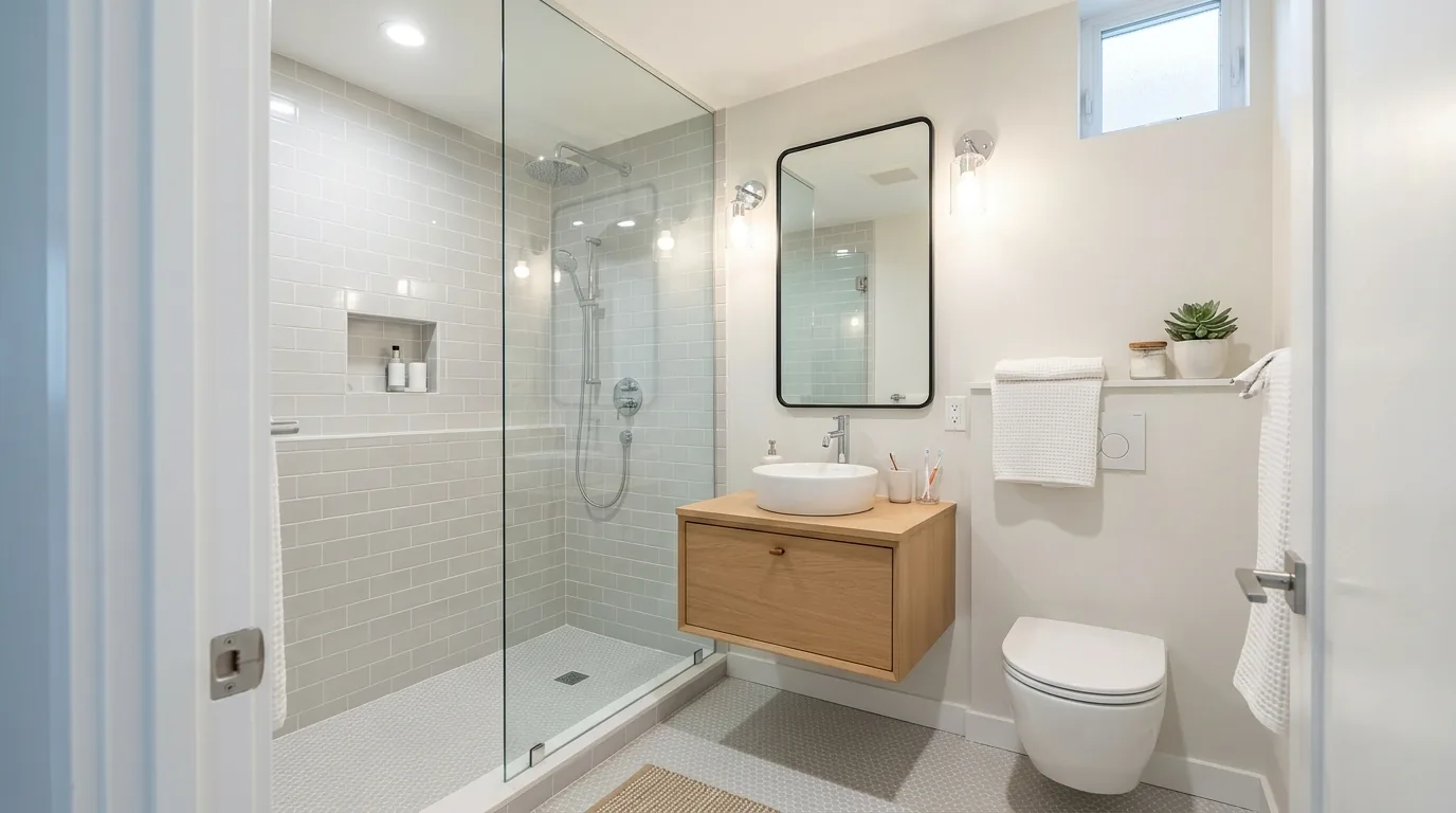 Small bathroom with oversized mirror and light stone flooring