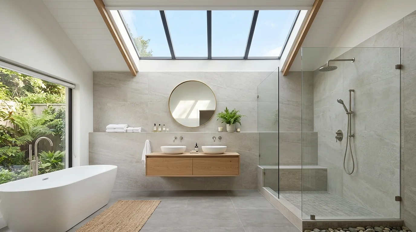 Ensuite with skylight above freestanding tub