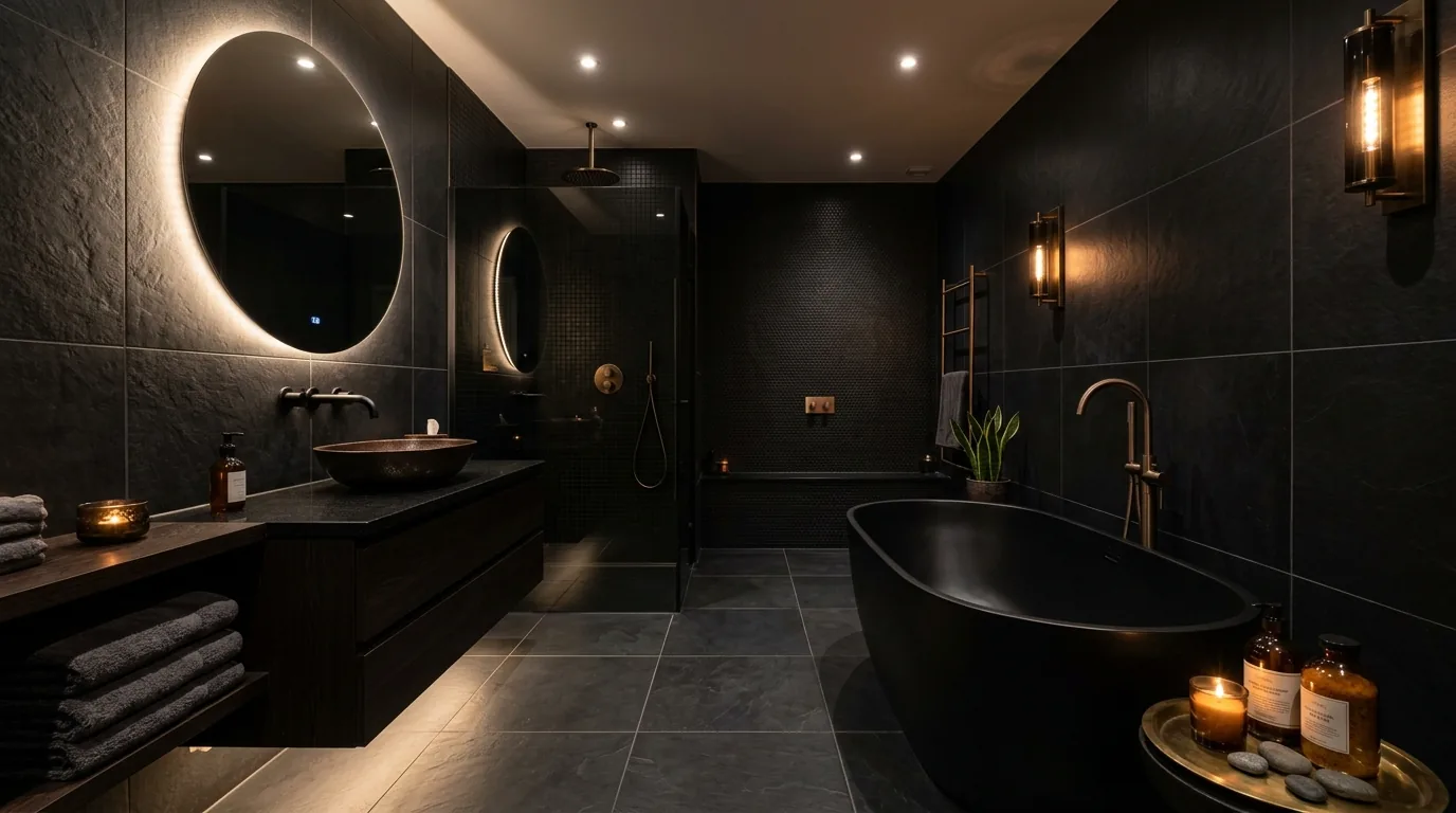 Bathroom with concealed linen storage and clean counter styling
