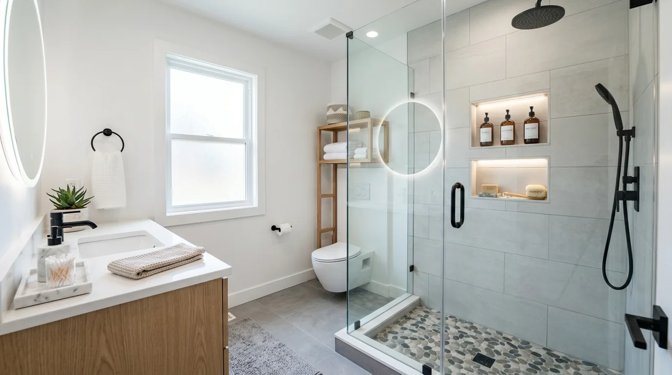 Moody modern bath with charcoal tile and amber lighting