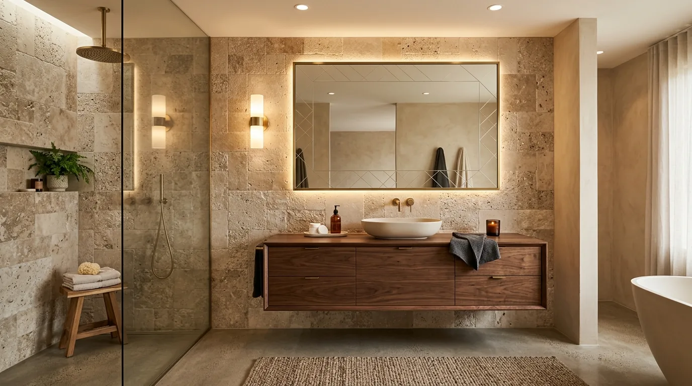 Cinematic luxury bathroom with layered lighting