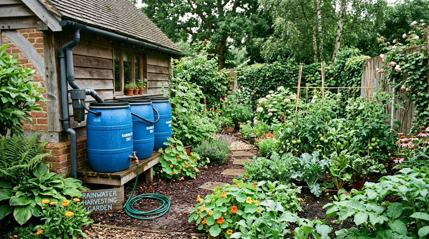 Backyard with drip irrigation and mulched planting beds