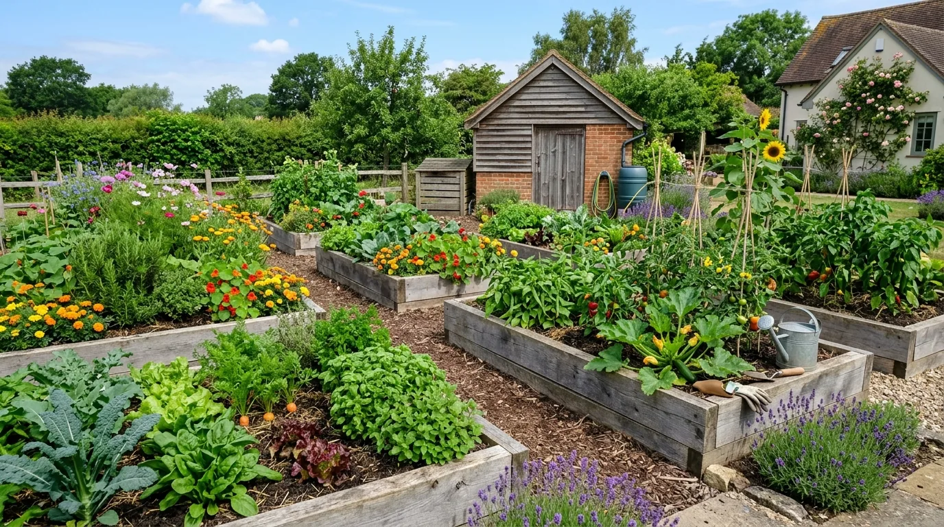 Small urban yard with raised herb beds and permeable pavers