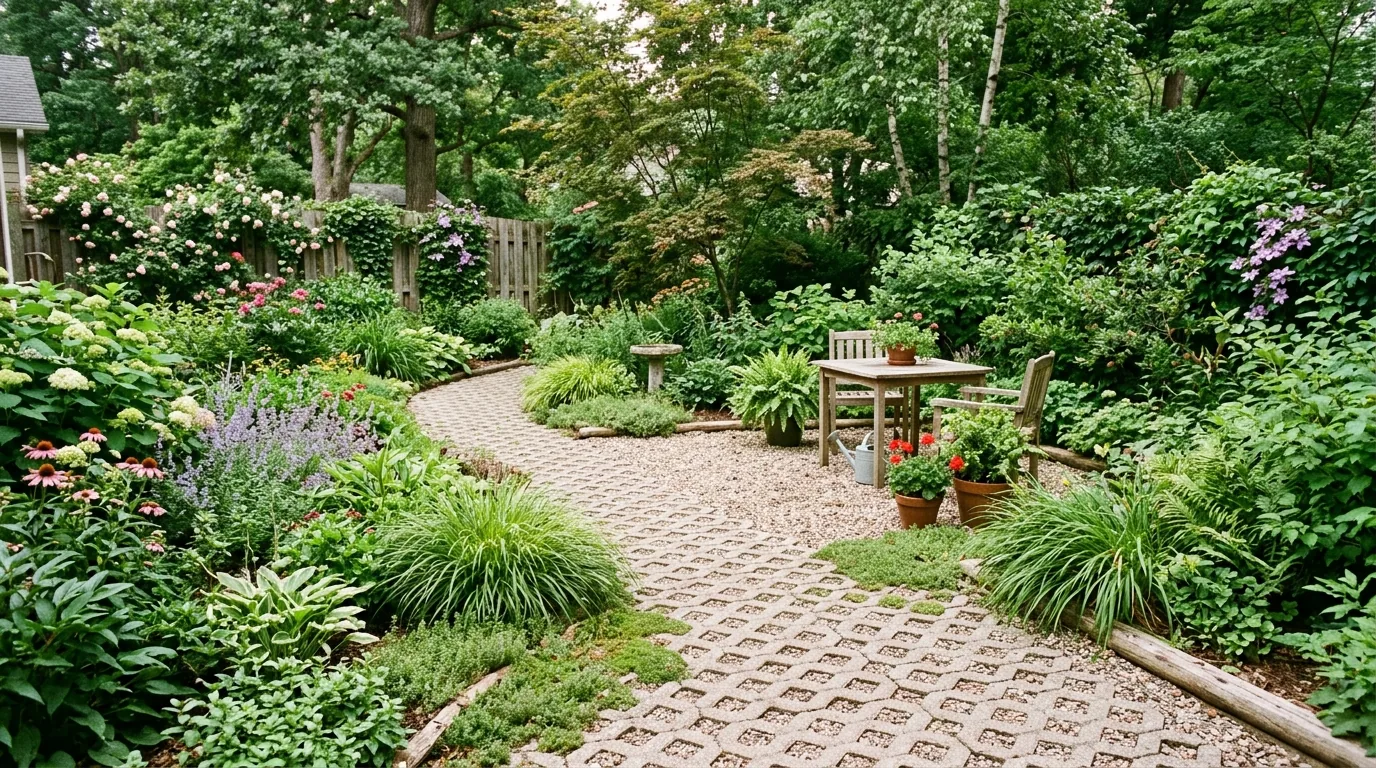 Pollinator garden with layered blooms and stone edging