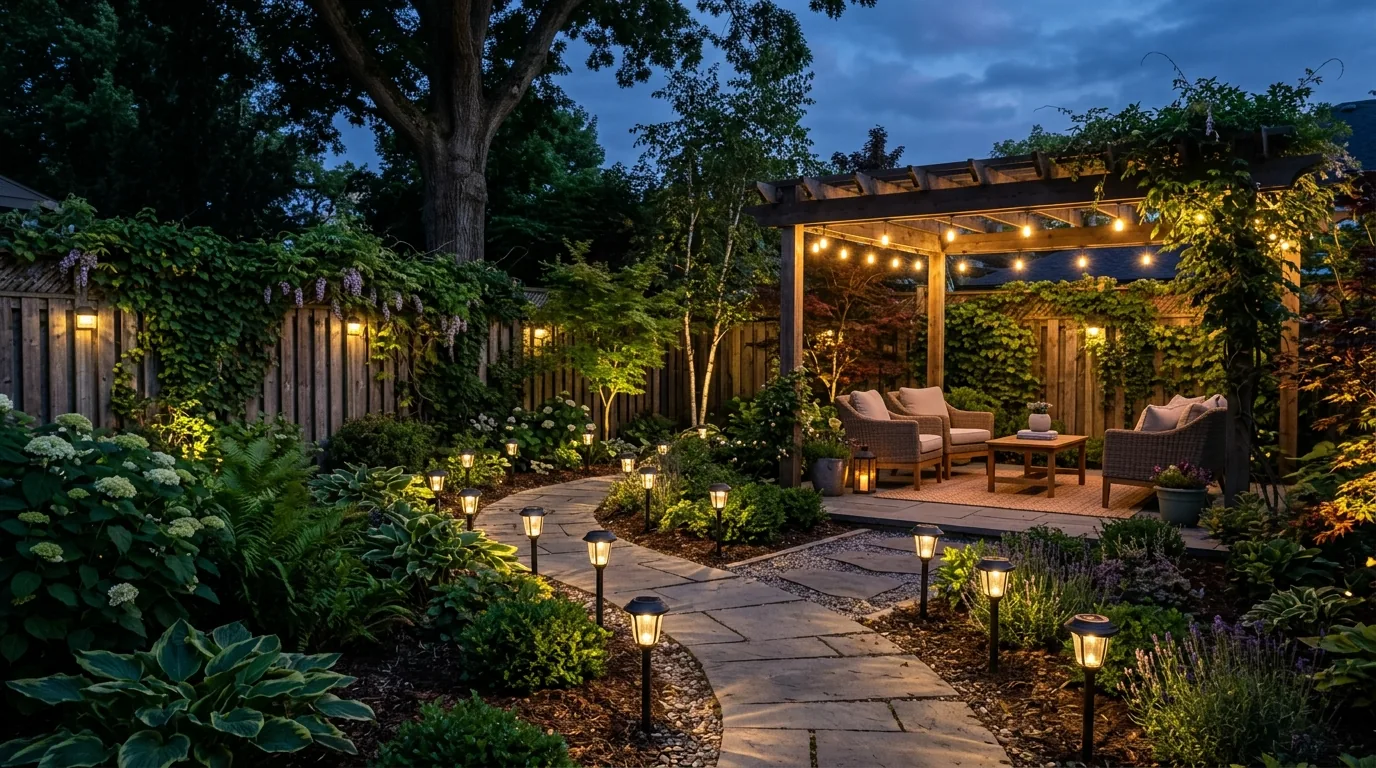Backyard seating area shaded by native trees and understory planting