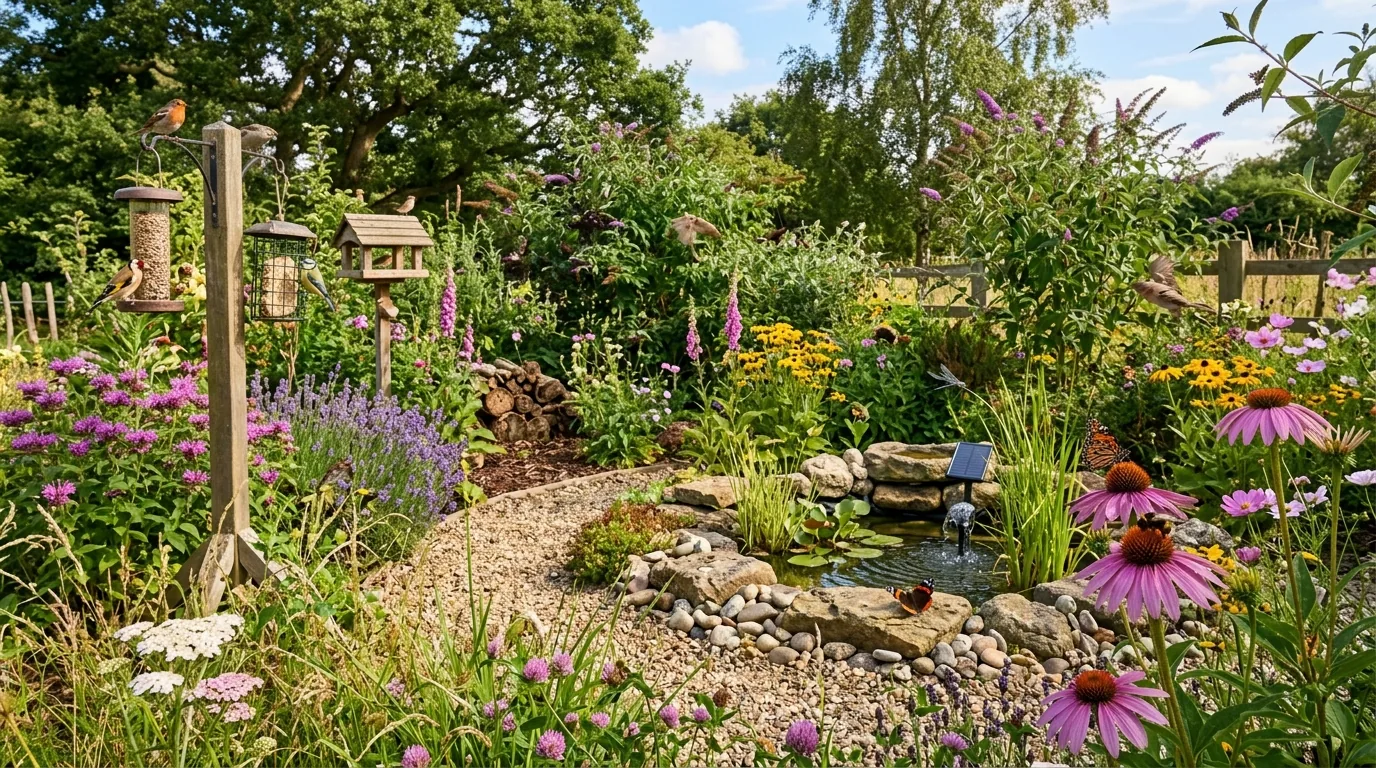 Eco-conscious side yard with clover ground cover and stepping stones