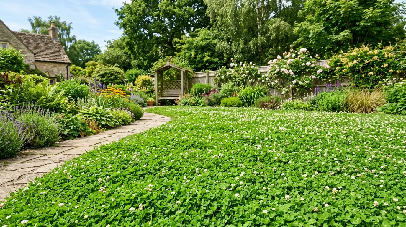 Compost corner screened by lattice and greenery
