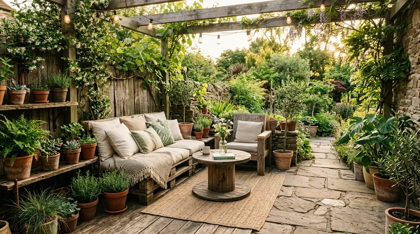 Family yard with edible garden beds and rain barrel system