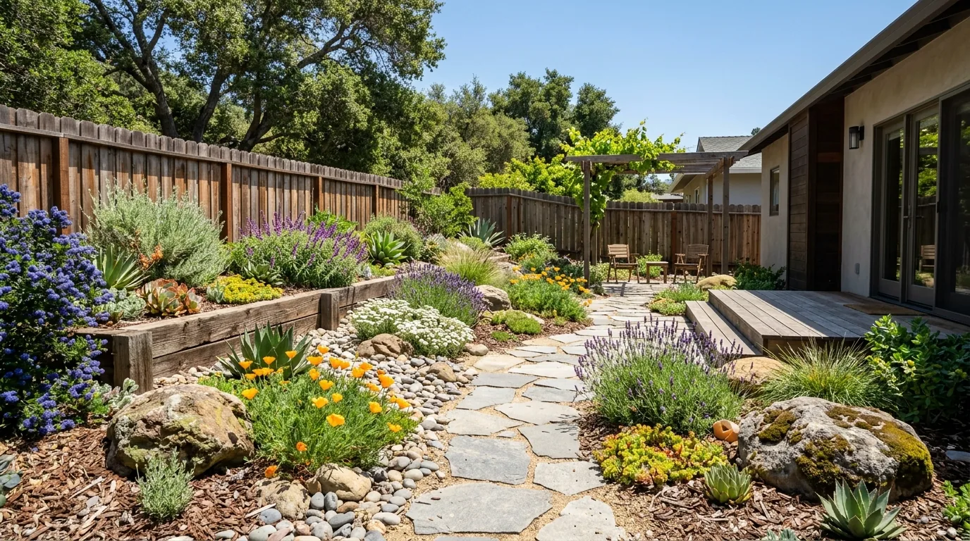 Coastal landscape using salt-tolerant planting and durable natural materials