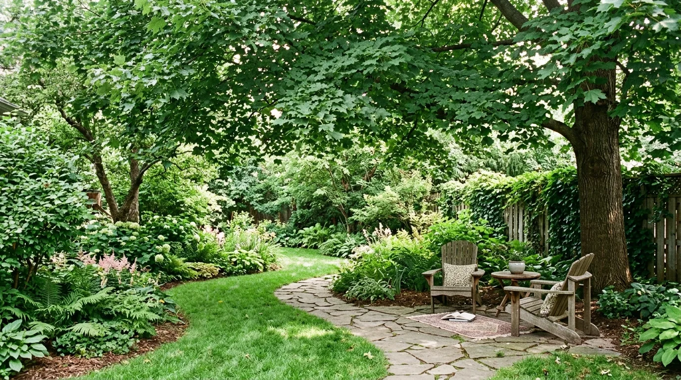 Shade garden with woodland planting and leaf mulch