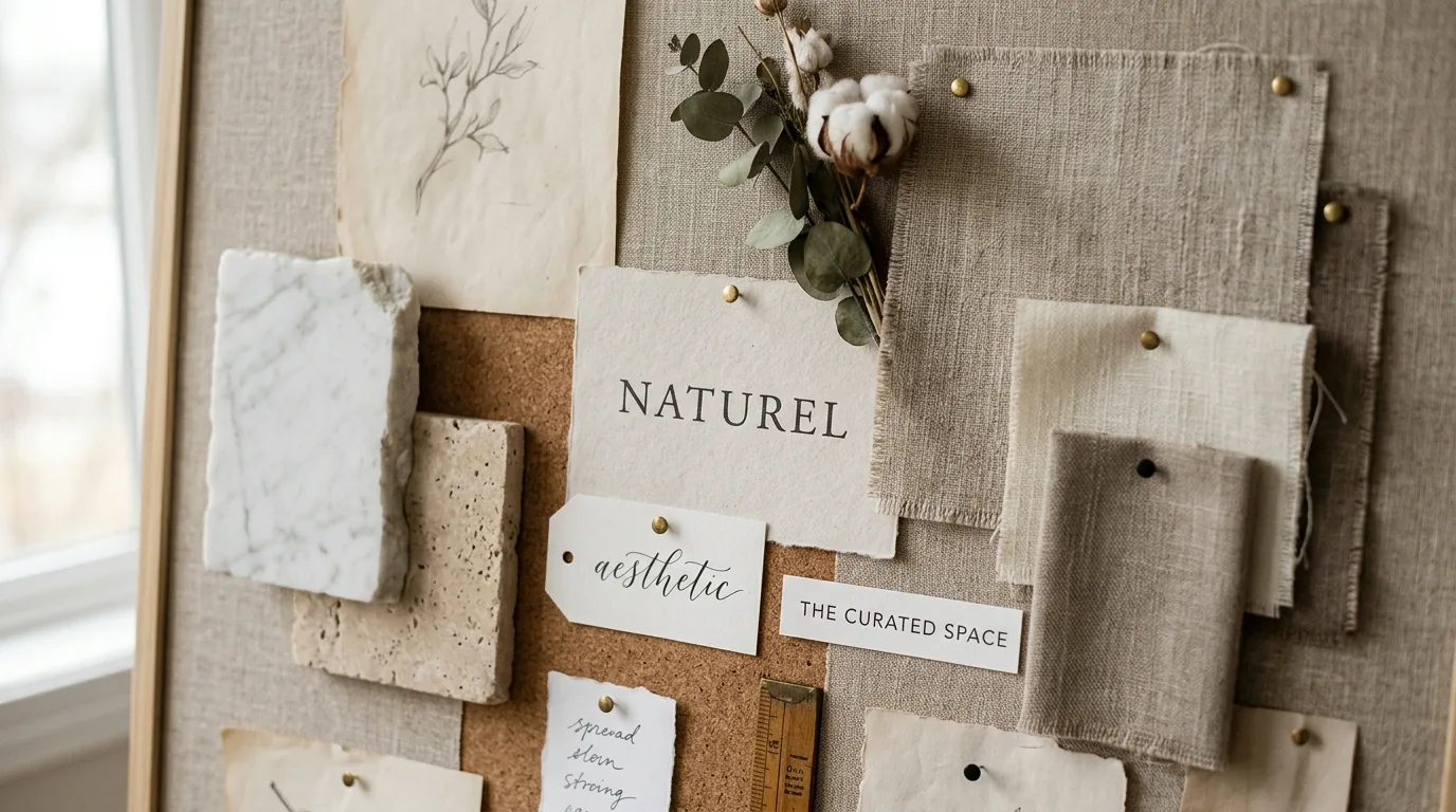 Bedroom board using tone-on-tone fabric strips and soft lighting inspiration