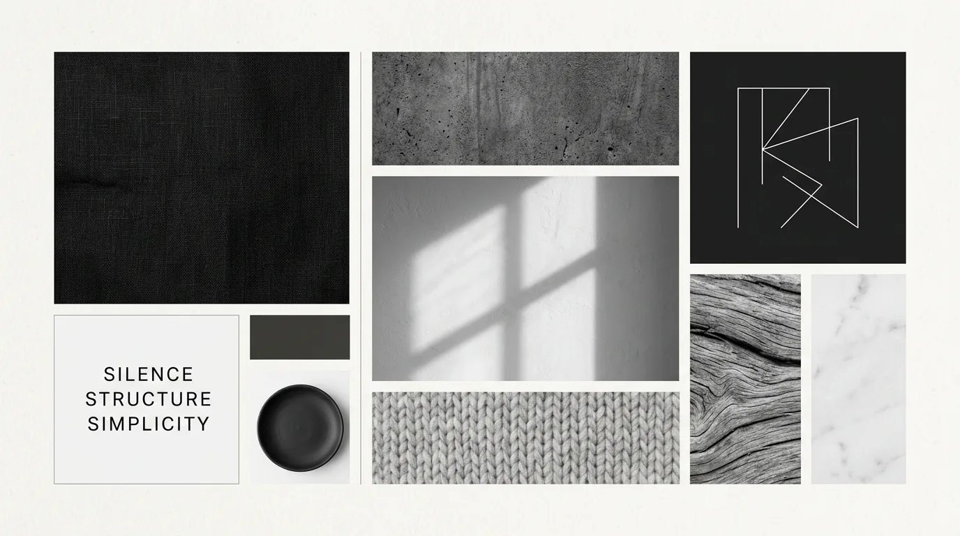 Scandinavian-inspired board with pale woods and soft gray textiles