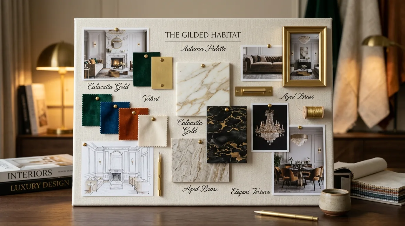 Home office mood board with desk layout and productivity palette