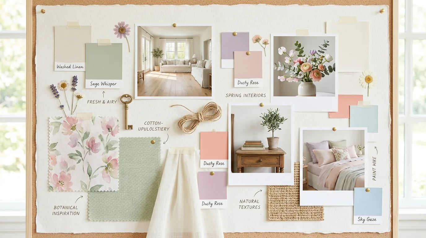 Cinematic interior design mood board with curated materials