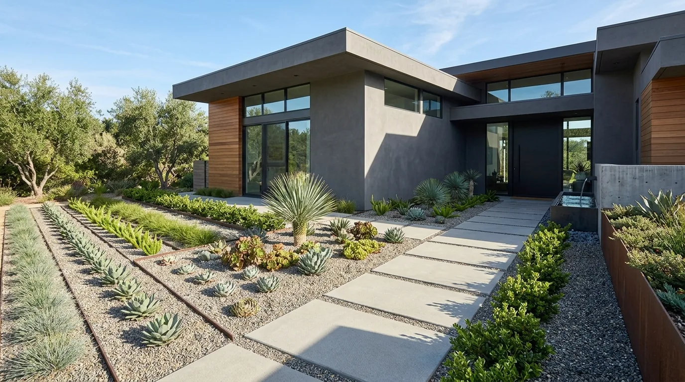 Entry path with floating concrete steps and linear lighting
