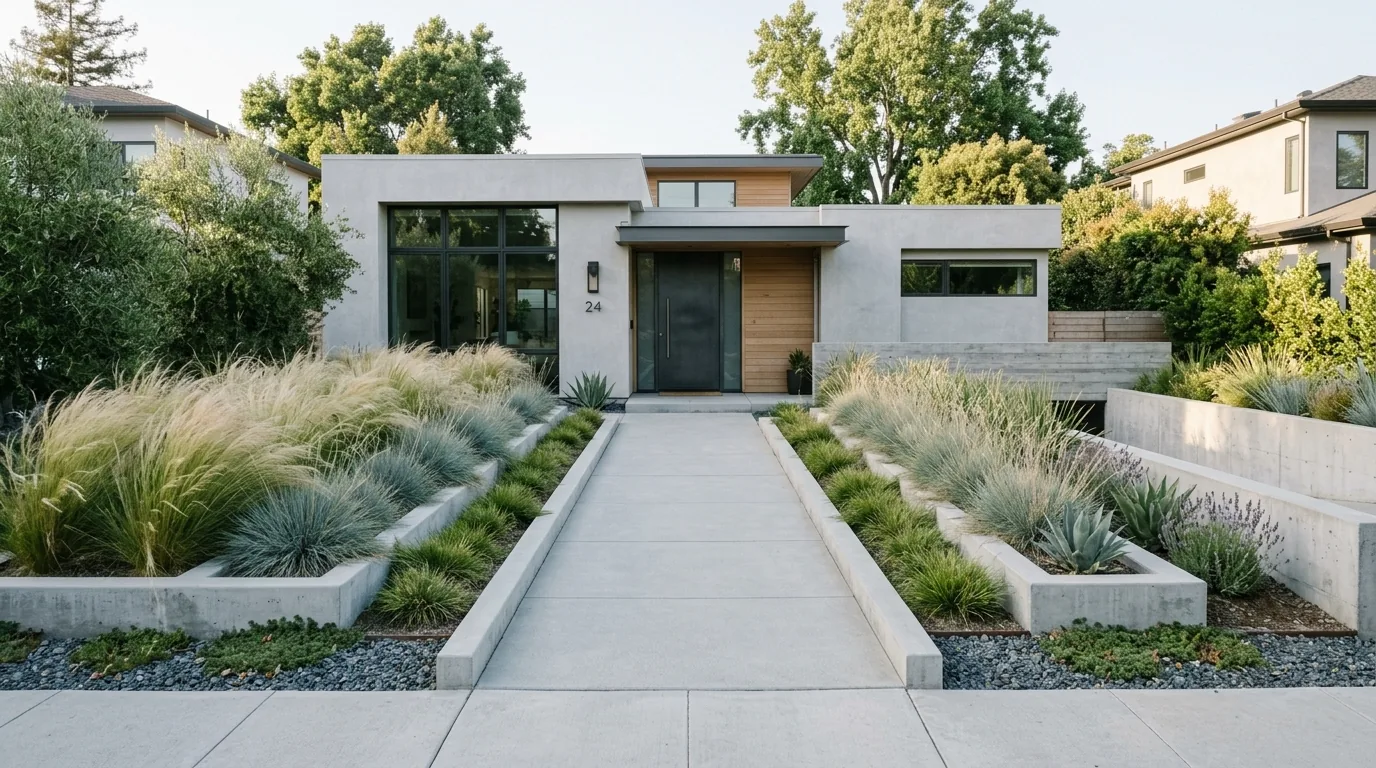 Front facade framed by charcoal planters and structured evergreen planting