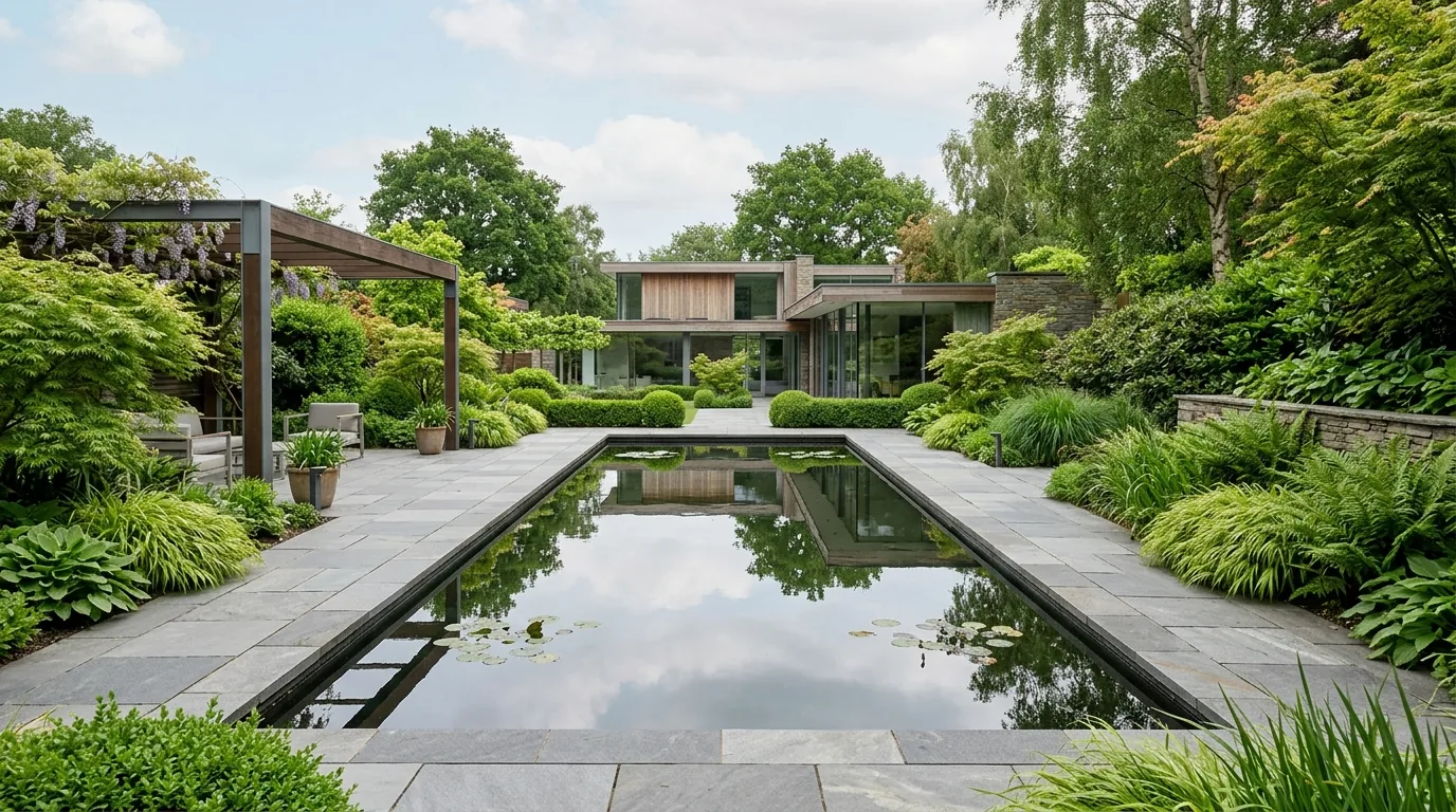 Gravel garden with sculptural tree and simple edging