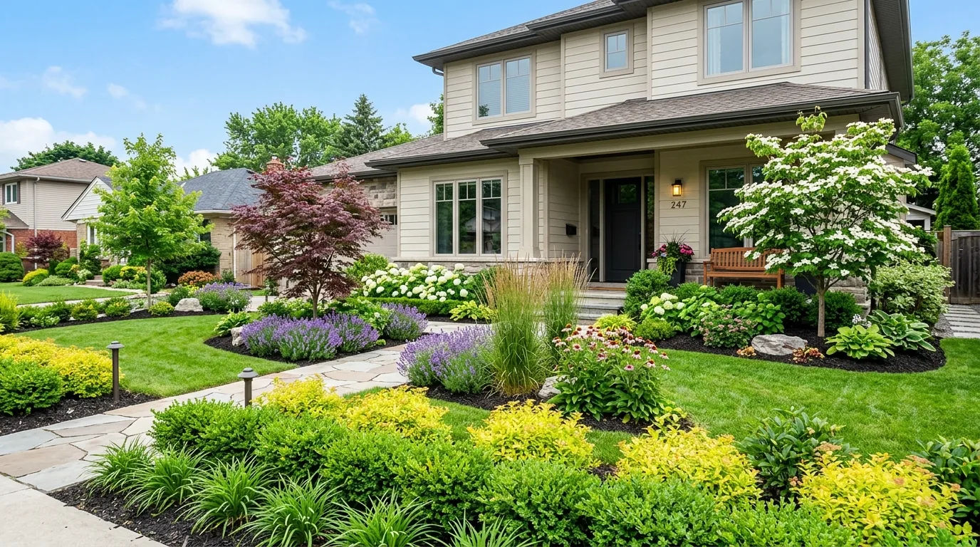 Wide driveway border softened by repeated ornamental grasses