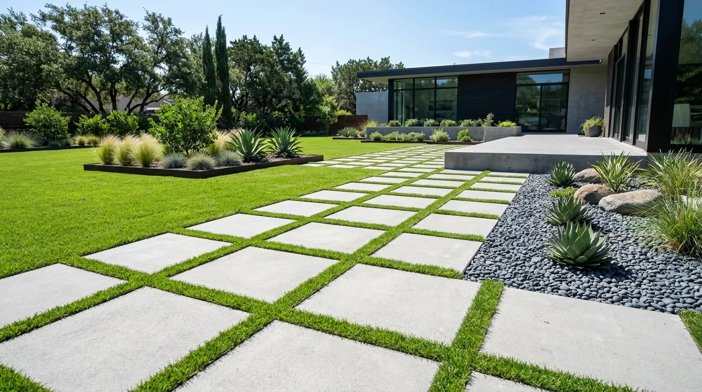 Courtyard entry with black steel gate and pale stone paving