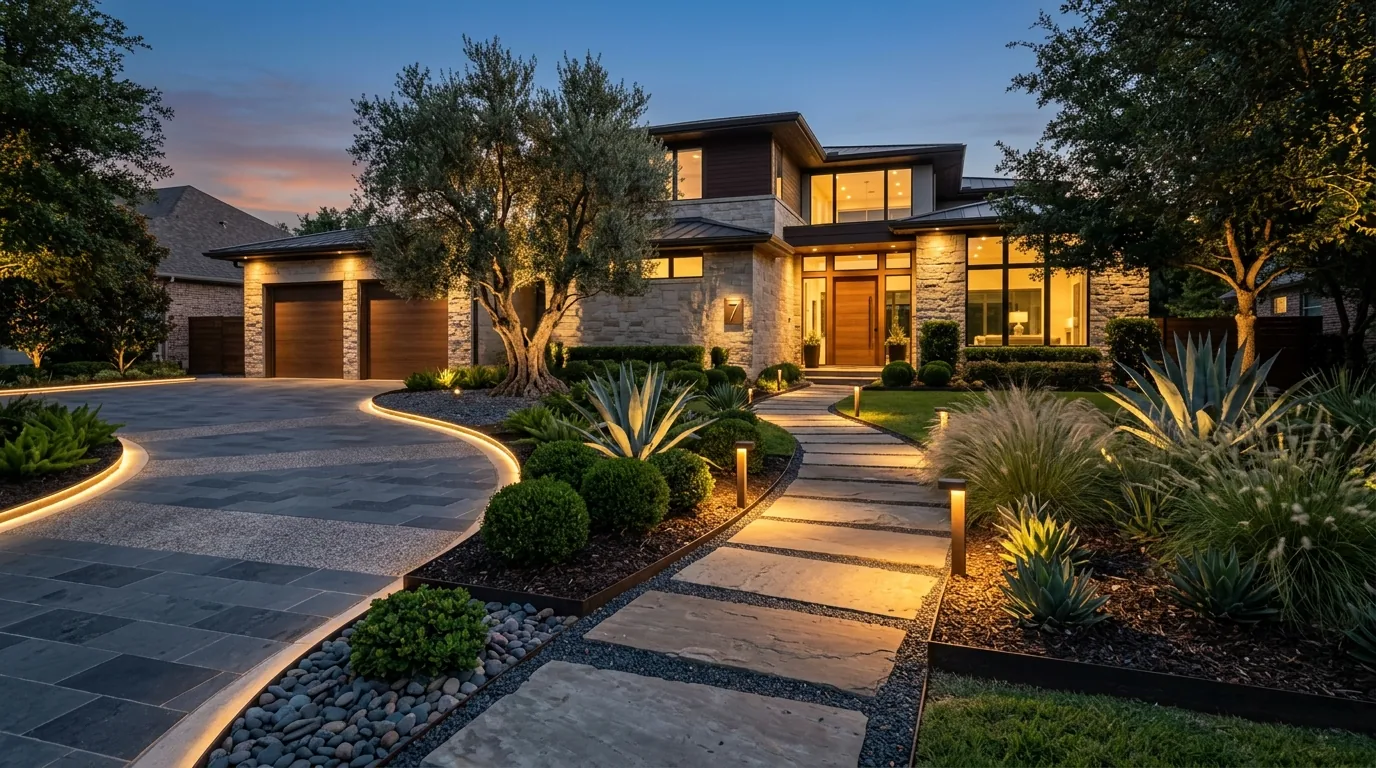 Small front yard with layered boxwood and clean retaining wall