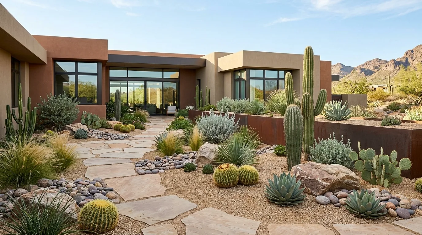 Desert-modern landscape with drought-tolerant planting and decomposed granite
