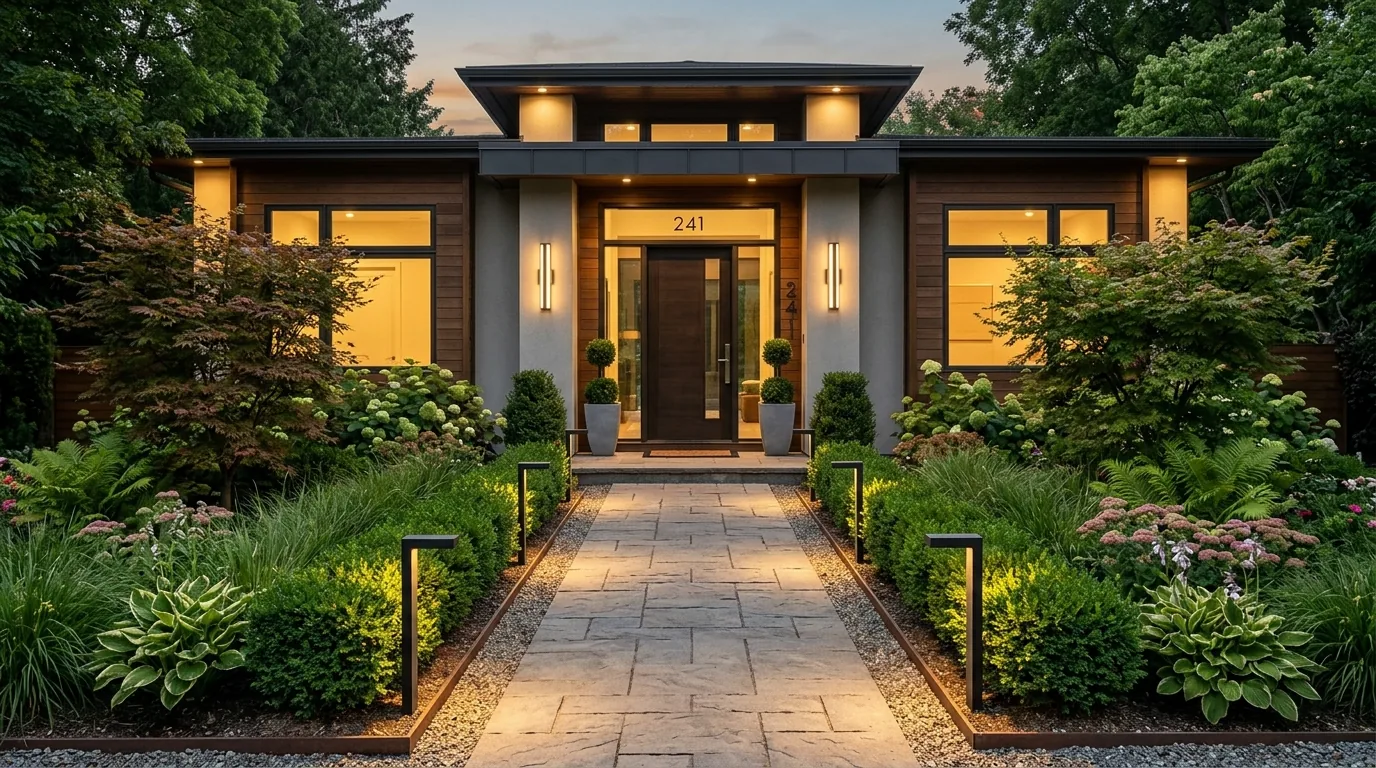 Modern home with water feature and quiet planting rhythm near the door