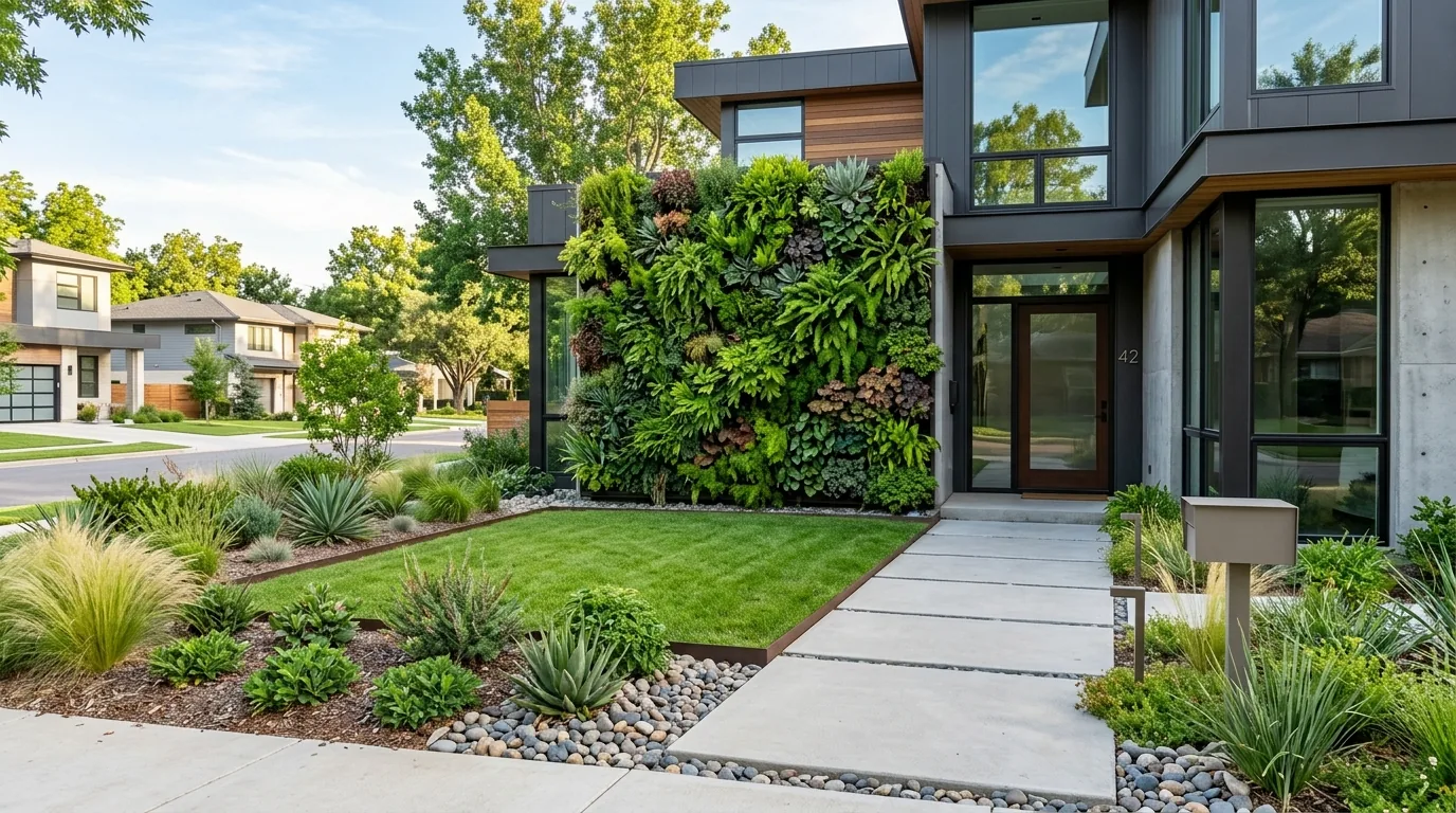 Coastal modern yard with white gravel and low evergreen planting