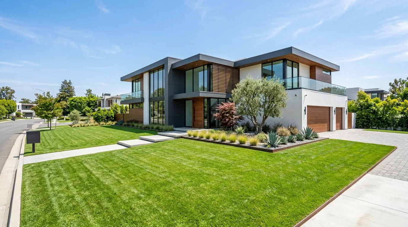 Sloped yard resolved with broad steps and linear retaining walls