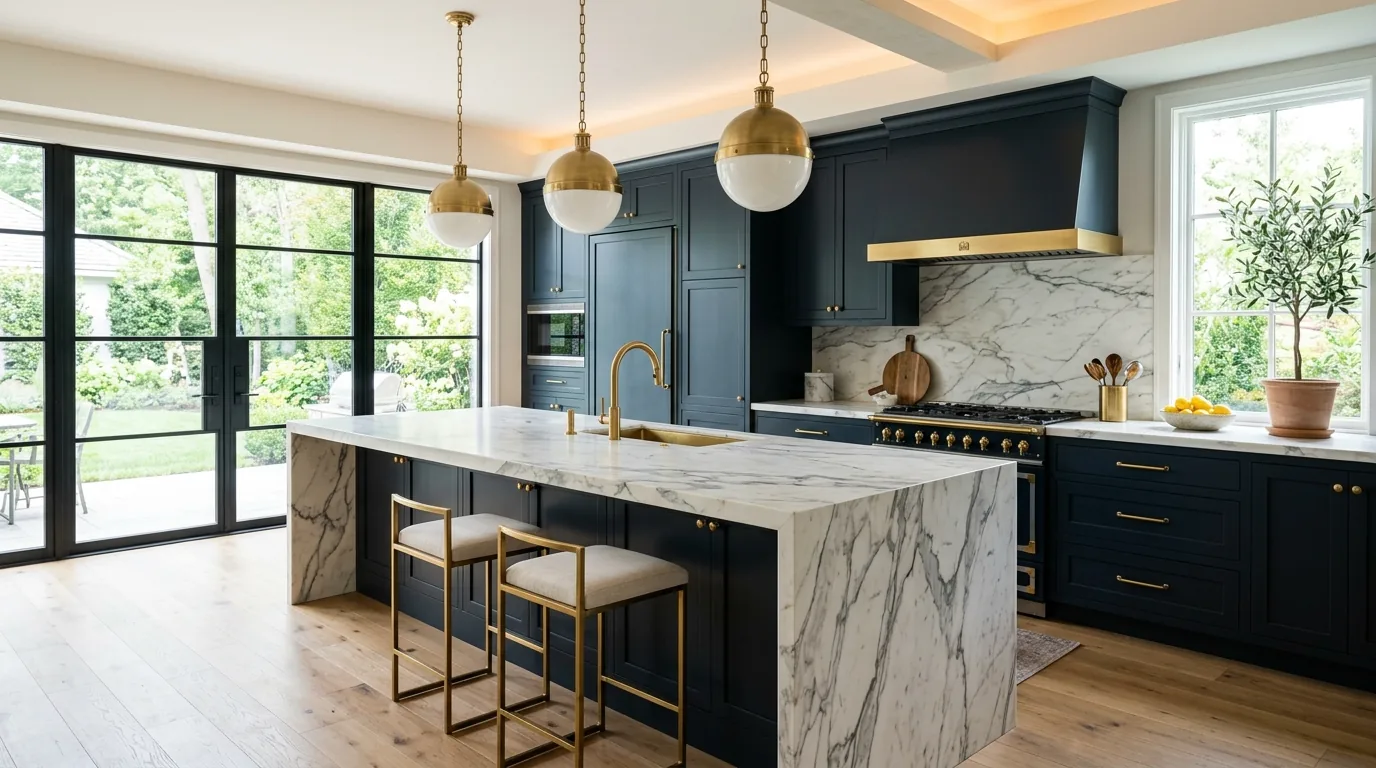 Entry hall with stone flooring and balanced console styling