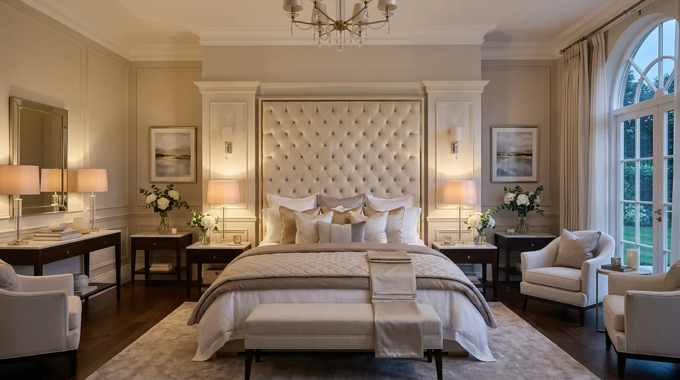 Bedroom with hotel-style bedding and padded headboard wall