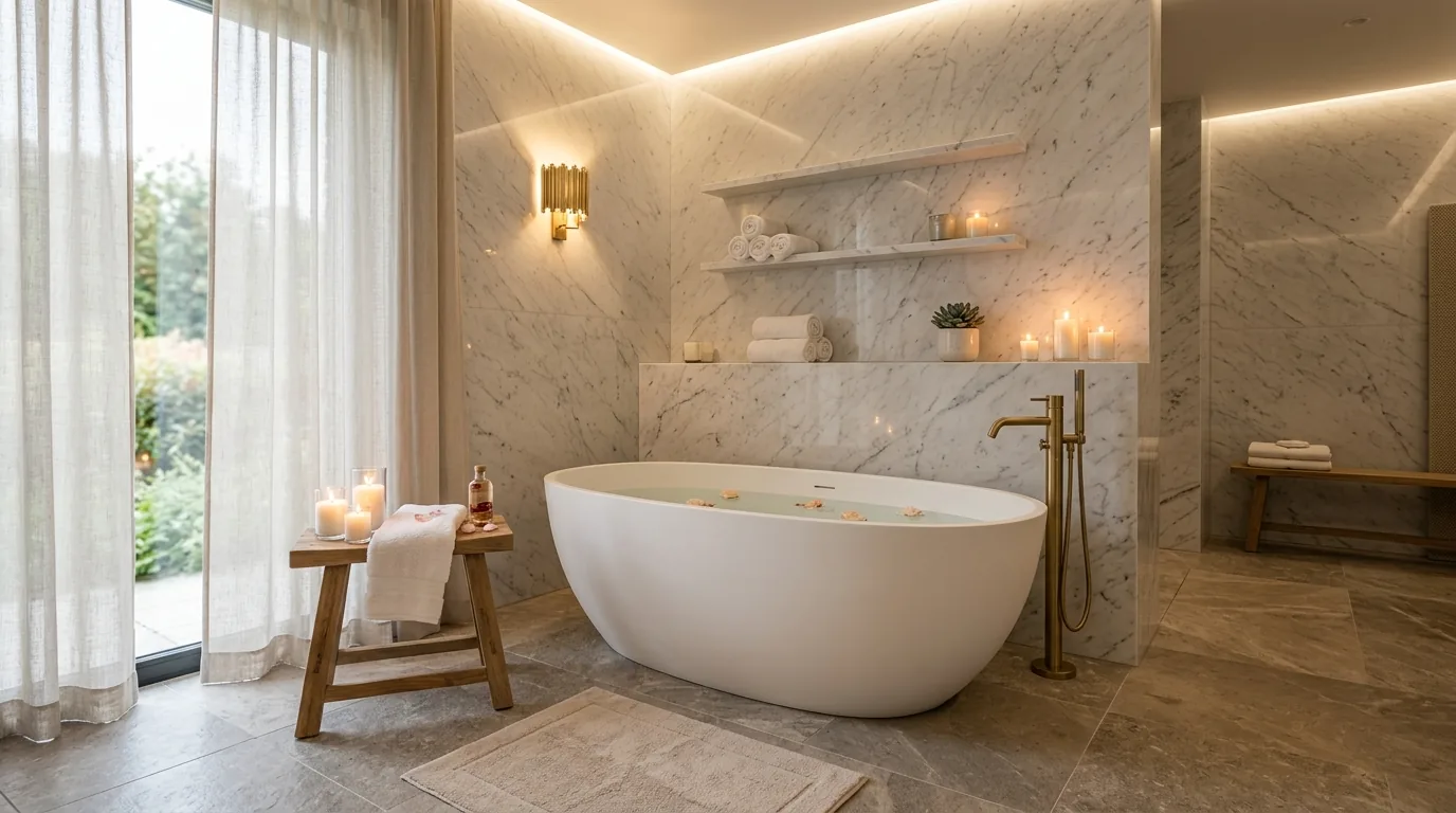 Bathroom with warm stone surfaces and concealed storage