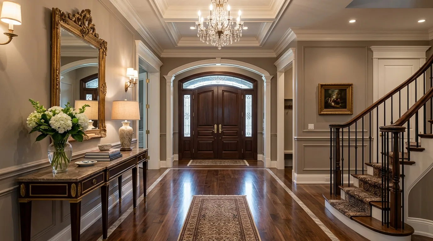 Dining room with sculptural chandelier and restrained table styling