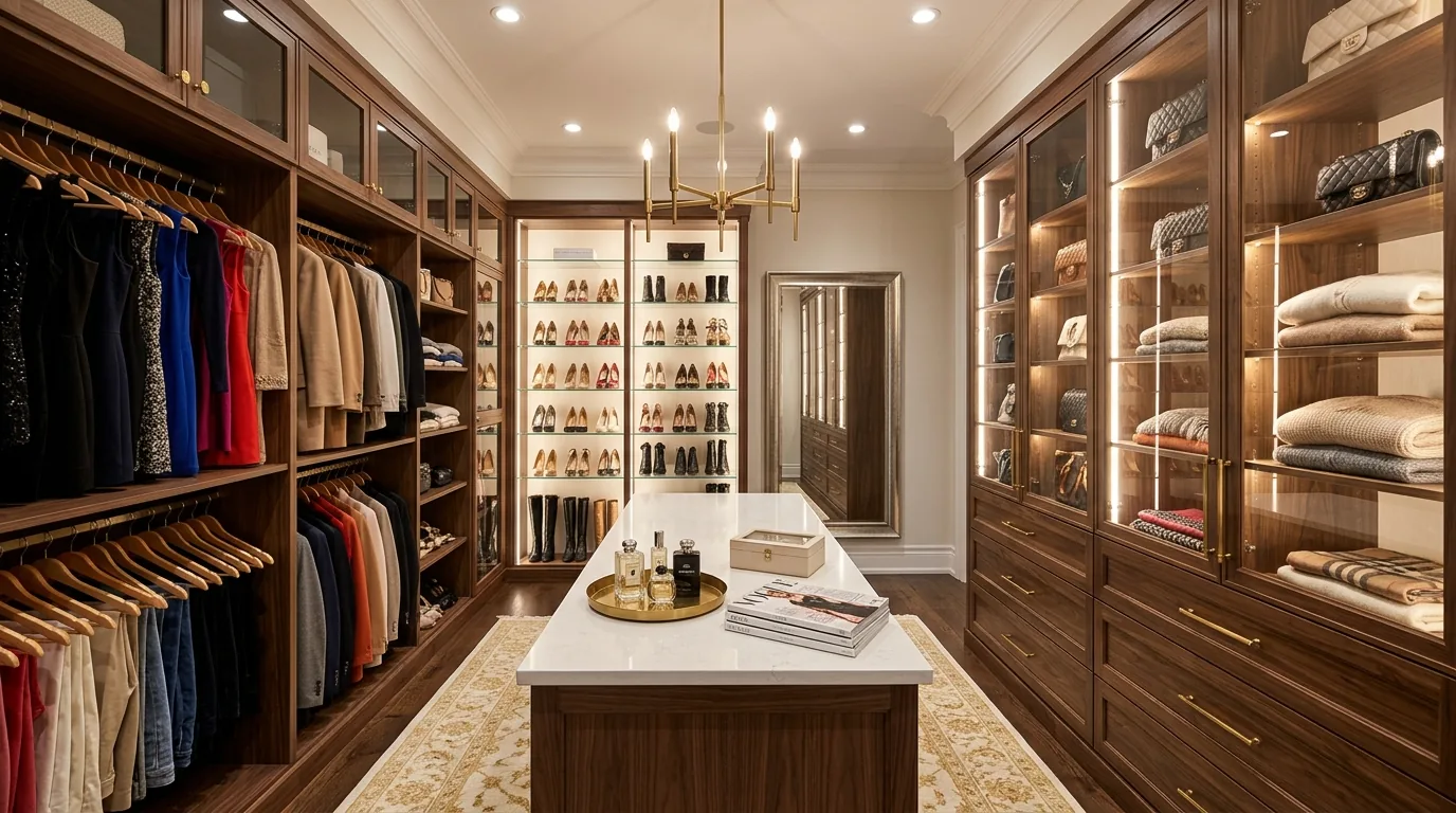 Closet space with organized drawers and clean display rhythm