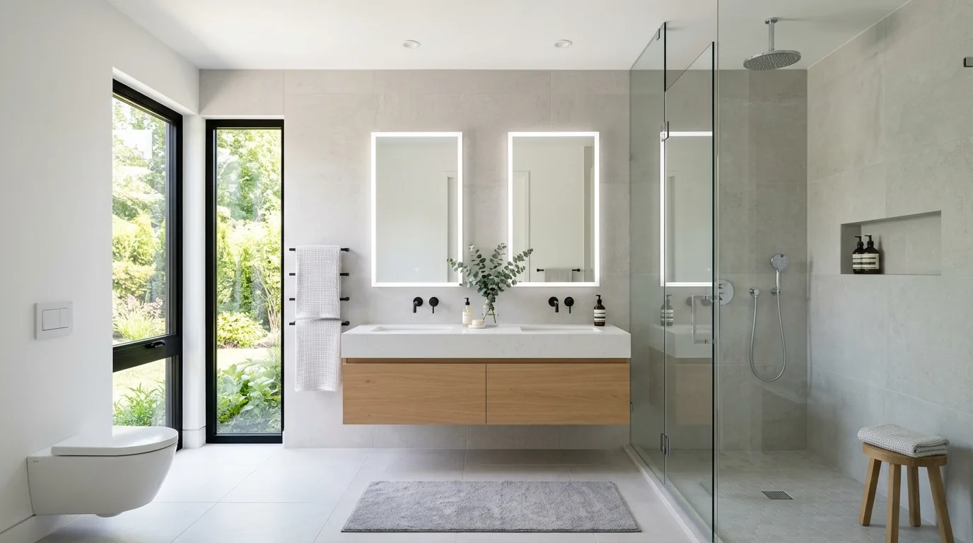 Compact bathroom with full height slab backsplash